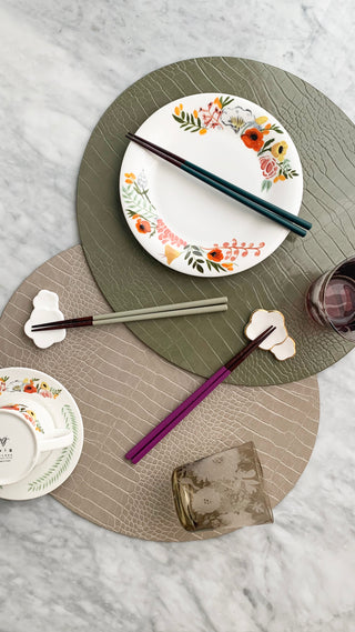 Dovi Placemat Warm Gray & Olive Lifestyle Photo