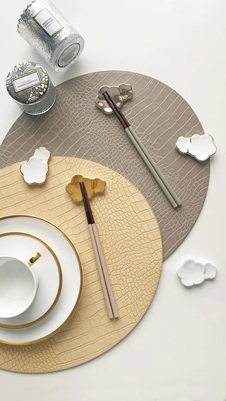 Dovi Oval Placemats Warm Gray & Cream Yellow Lifestyle Photo