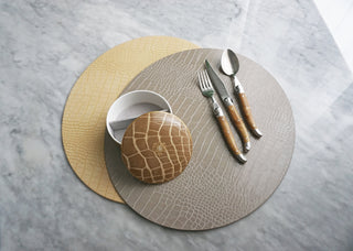 Dovi Oval Placemats Warm Gray & Cream Yellow Lifestyle Photo