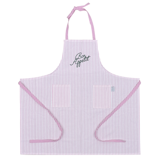 Pink and white striped apron with 'Bon Appetit' text on a white background